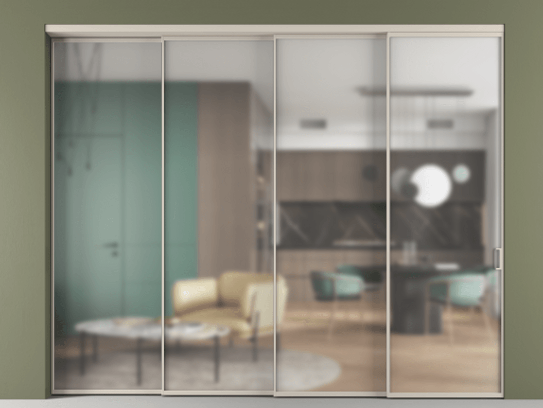 Перегородка Formato внутри проёма телескопик синхро 3 АЛПР 040.01 Алюминий светло-бежевый Сатинированное стекло "Matelux Crystal Vision", калёное, 6 мм, матовое, каленое 6 мм Цена 556050 ₽ | Volhovec