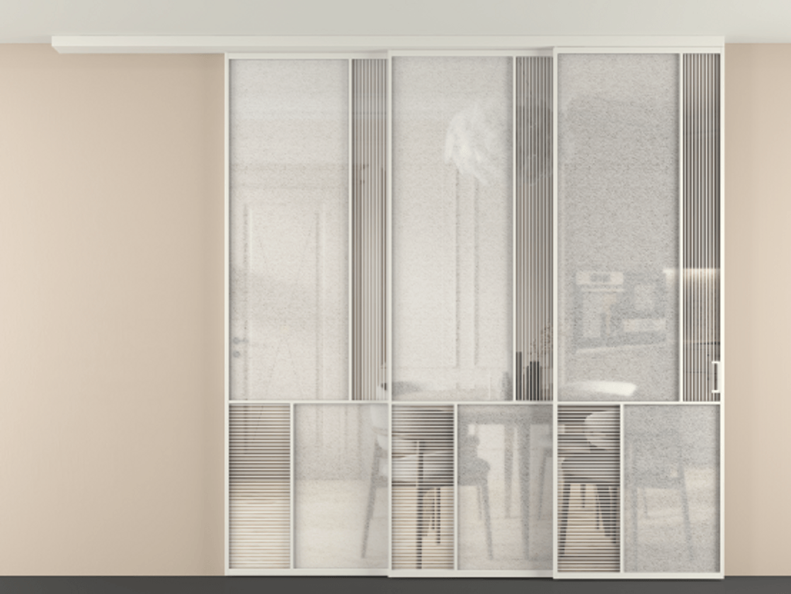 Перегородка Mosaic вдоль стены на потолок 3 створки с синхронным механизмом АЛПР 041.21 Алюминий Белый Рифлёное стекло "Дюна", триплекс, 6 мм + Фактурное стекло "Лёд", триплекс. Скрытый короб БЕЛ Цена 548550 ₽ . Фабрика дверей Волховец 8 (800) 551 43 19 Перегородка Mosaic вдоль стены на потолок 3 створки с синхронным механизмом АЛПР 041.21 Алюминий Белый Рифлёное стекло "Дюна", триплекс, 6 мм + Фактурное стекло "Лёд", триплекс Цена 548550 ₽ | Volhovec