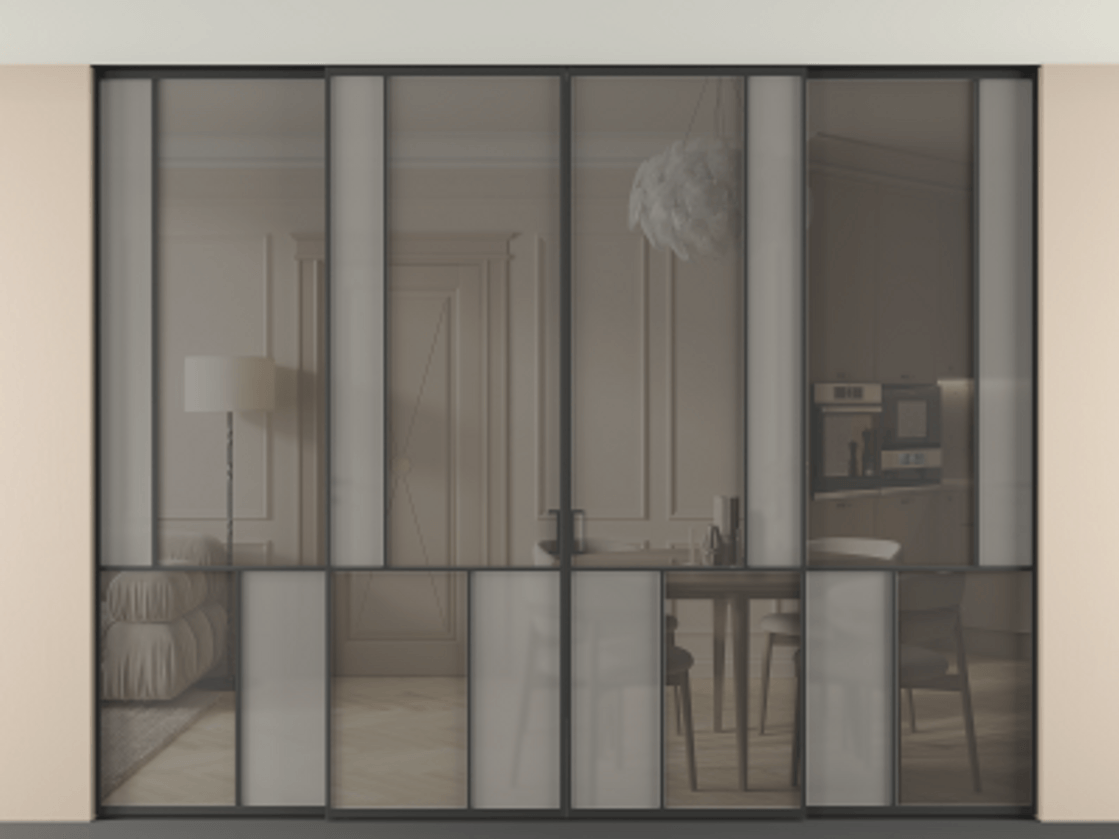 Перегородка Mosaic внутри проёма скрытое крепление в потолок 4 створки АЛПР 041.21 Алюминий Черный Сатинированное серое стекло, триплекс, 6 мм + Прозрачное серое стекло, триплекс Цена 631550 ₽ | Volhovec