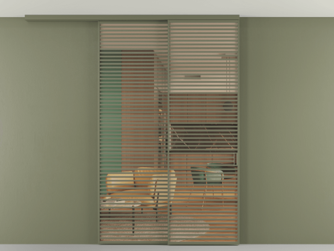 Перегородка Formato вдоль стены на потолок 2 створки с синхронным механизмом АЛПР 040.07 Алюминий оливковый тёмный Прозрачное оранжевое стекло, триплекс Цена 495500 ₽ | Volhovec