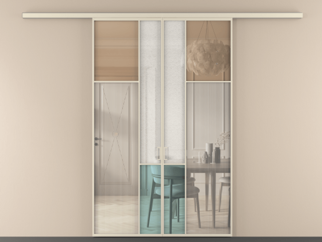 Перегородка Mosaic вдоль стены 2 створки АЛПР 041.11 Алюминий бежево-серый Комбинация стекол Группы 1 и Группы 3 Цена 304550 ₽ | Volhovec