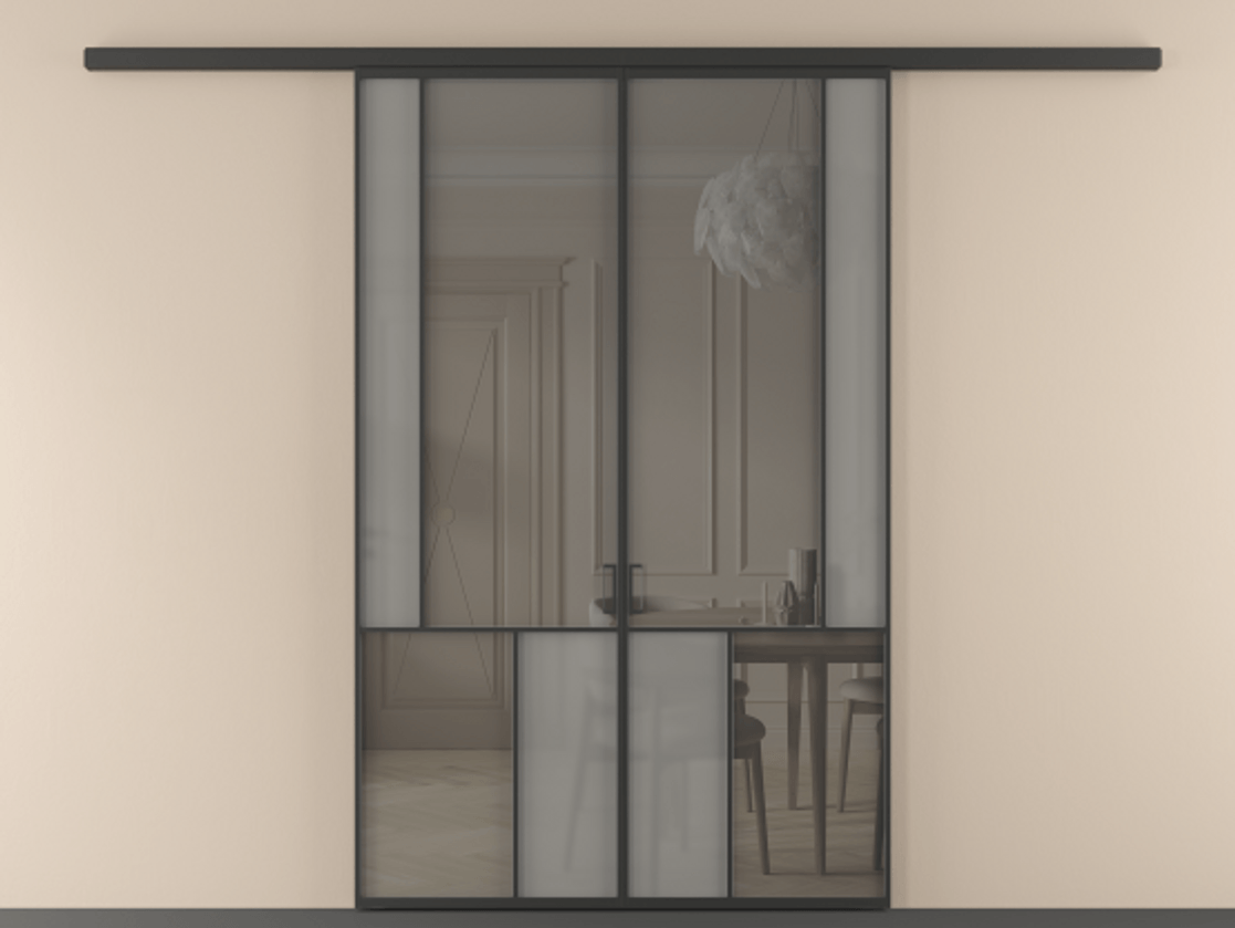 Перегородка Mosaic вдоль стены 2 створки АЛПР 041.21 Алюминий Черный Сатинированное серое стекло, триплекс, 6 мм + Прозрачное серое стекло, триплекс Цена 279490 ₽ | Volhovec