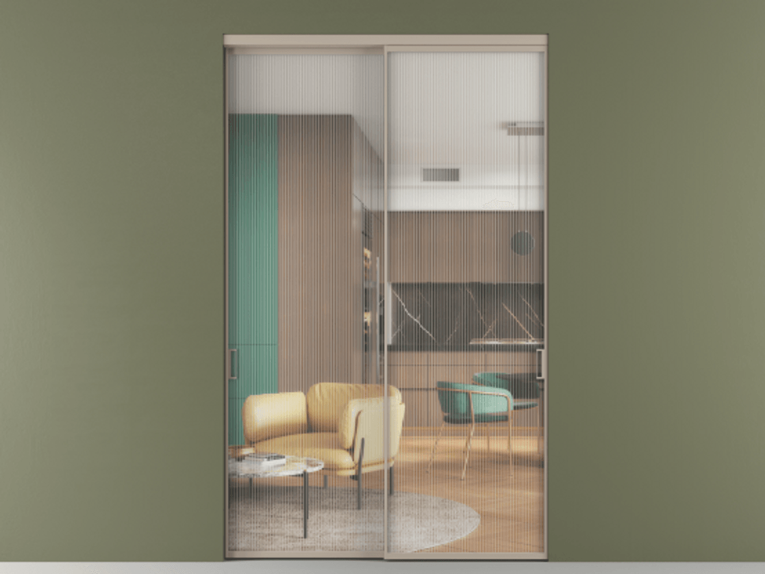 Перегородка Formato внутри проёма двустворчатая АЛПР 040.01 Алюминий бисквитный Рифлёное стекло "Moru", триплекс, 8 мм Цена 223190 ₽  | Volhovec