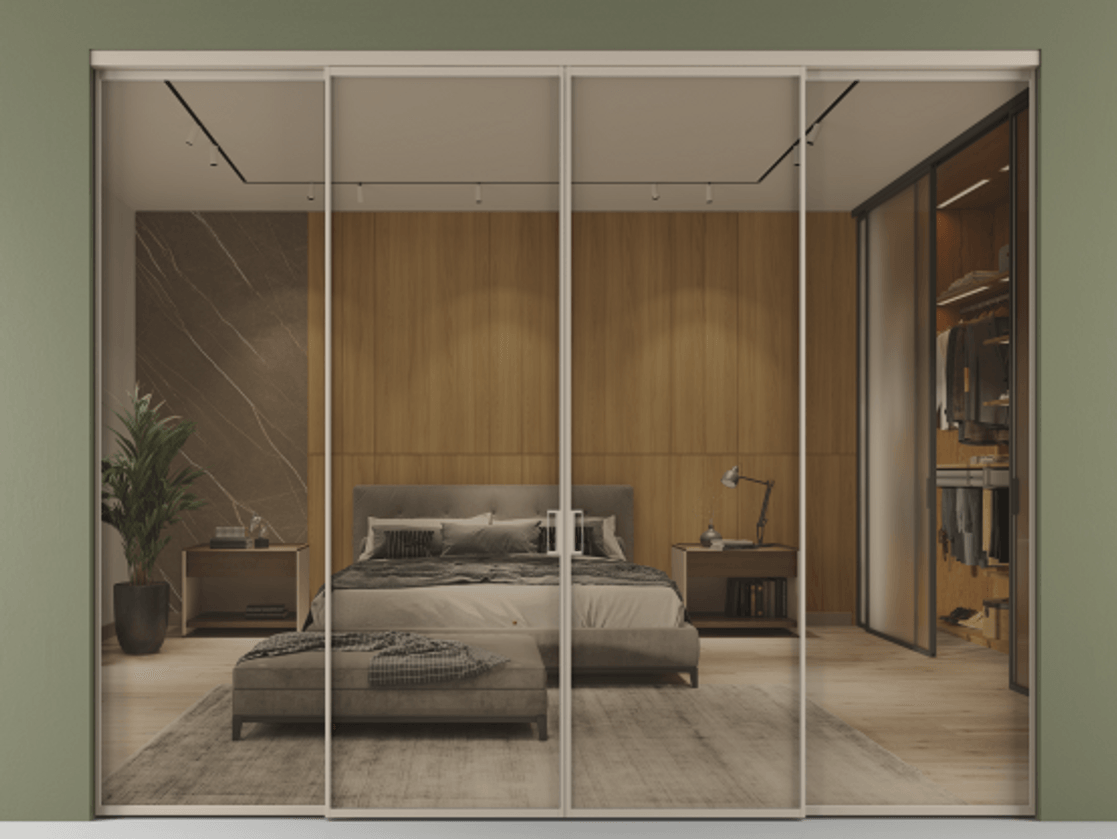 Перегородка Формато внутри проёма 4 створки АЛПР 040.01 Алюминий бисквитный Рефлективное бронзовое стекло "Стопсол", калёное Цена 379980 ₽  | Volhovec