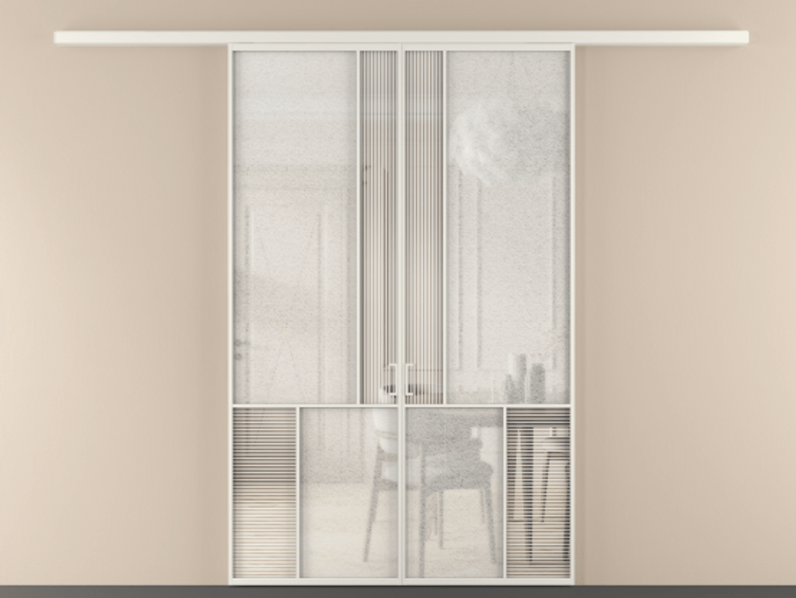 Перегородка Mosaic вдоль стены 2 створки АЛПР 041.20 Алюминий Белый Рифлёное стекло "Дюна", триплекс, 6 мм + Фактурное стекло "Лёд", триплекс Цена 297090 ₽ | Volhovec