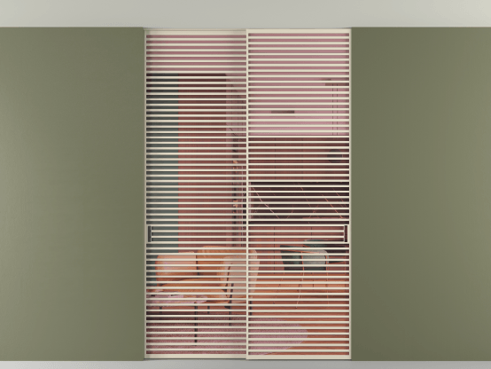 Алюминевая перегородка vn2_07 Алюминий бежево-серый Прозрачное розовое стекло, триплекс, 6мм. Цвет Алюминий бежево-серый. Материал Алюминий в эмали. Коллекция Перегородка Formato внутри проёма скрытое крепление в потолок 2 створки. Картинка.