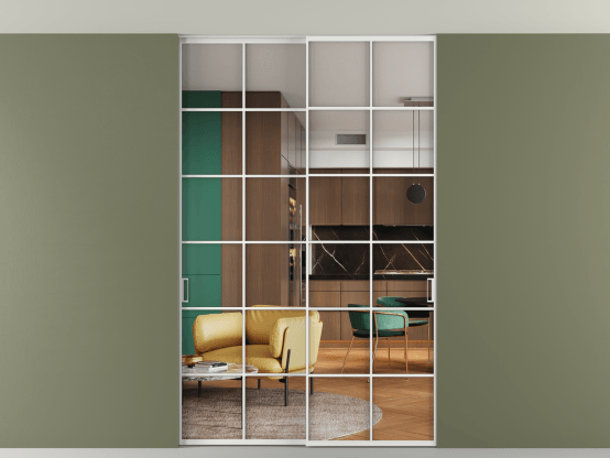 Алюминевая перегородка АЛПР 040.05_АБЛ_Crystalvision_new. Цвет Алюминий белоснежный. Материал Алюминий в эмали. Коллекция Перегородка Formato внутри проёма скрытое крепление в потолок 2 створки. Картинка.