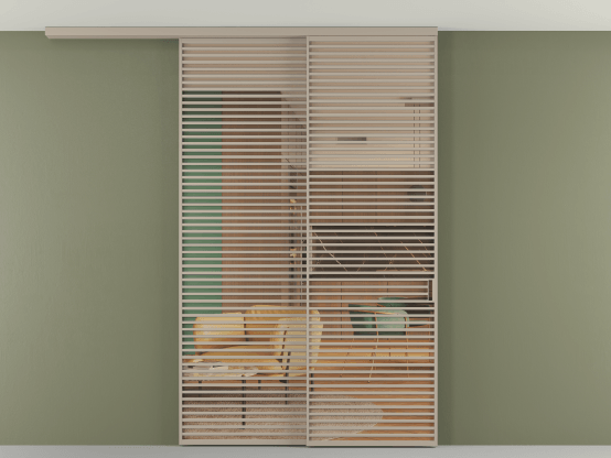 Алюминевая перегородка АЛПР 040.07_АБСК_ПРОЗ ОРАНЖ_new. Цвет Алюминий бисквитный. Материал Алюминий в эмали. Коллекция Перегородка Formato вдоль стены на потолок 2 створки с синхронным механизмом. Картинка.