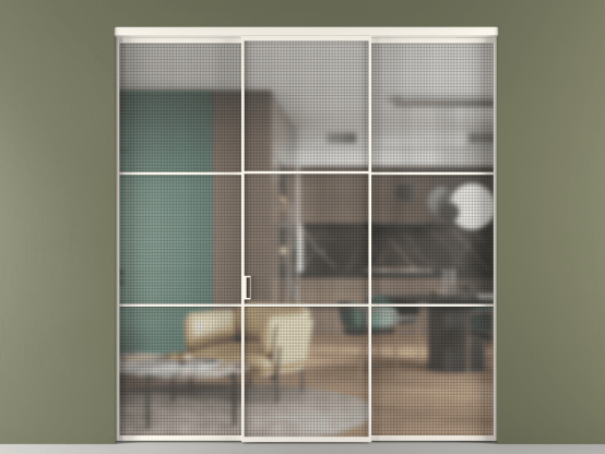 Алюминевая перегородка vn1+2_03_ Алюминий пудровый белый Mesh silver. Цвет Алюминий пудровый белый. Материал Алюминий в эмали. Коллекция Перегородка Formato внутри проёма 3 створки. Картинка.