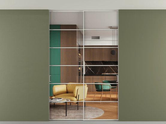 Алюминевая перегородка p2_04 Crystalvision БЕЛ. Цвет Алюминий Белый. Материал Алюминий. Коллекция Перегородка Формато внутри проёма скрытое крепление в потолок 2 створки. Картинка.