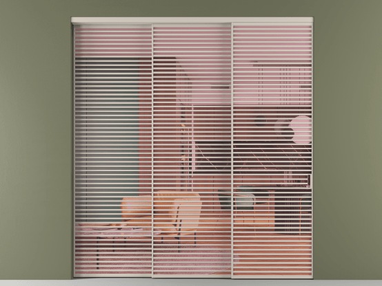 Алюминевая перегородка АЛПР 040.07_АСБЖ_ПРОЗ РОЗ_new. Цвет Алюминий светло-бежевый. Материал Алюминий в эмали. Коллекция Перегородка Formato внутри проёма 3 створки с синхронным механизмом. Картинка.