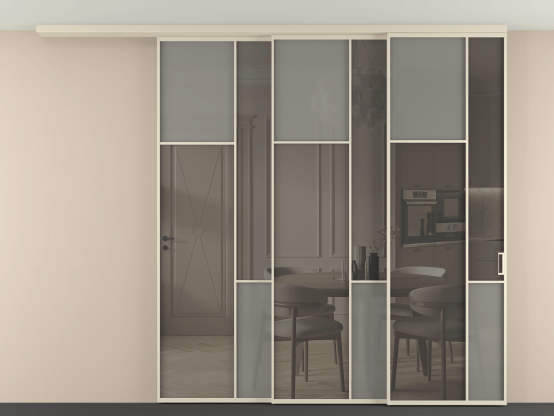 Алюминевая перегородка vdt3_7 Алюминий бежево-серый Серый сатин матовое + Серый прозрачное. Цвет Алюминий бежево-серый. Материал Алюминий в эмали. Коллекция Перегородка Mosaic вдоль стены на потолок 3 створки с синхронным механизмом. Картинка.