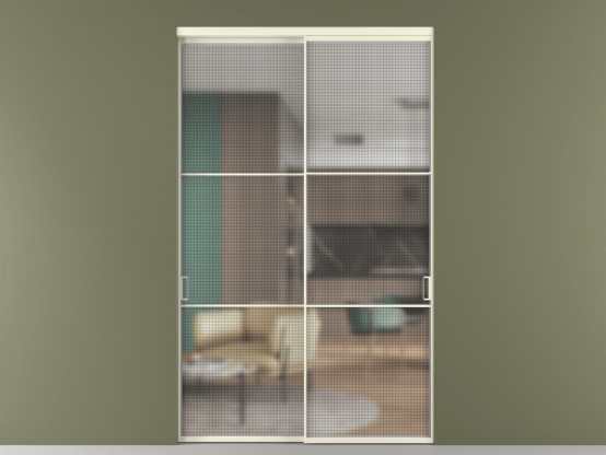 Алюминевая перегородка АЛПР 040.03_АМБ_MS_new. Цвет Алюминий молочно-белый. Материал Алюминий в эмали. Коллекция Перегородка Formato внутри проёма 2 створки. Картинка.