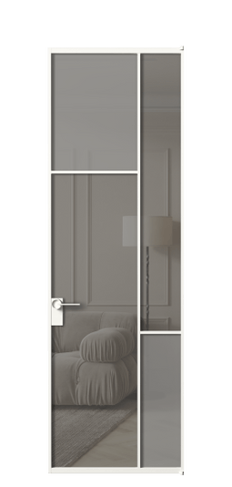 Дверь межкомнатная АЛПЛ041.10 БЕЛ Серый сатин матовое + Серый прозрачное. Цвет Алюминий Белый. Материал Алюминий. Коллекция Mosaic. Картинка.