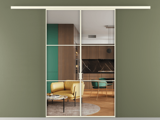 Алюминевая перегородка АЛПР 040.03_АМБ_Crystalvision_new. Цвет Алюминий молочно-белый. Материал Алюминий в эмали. Коллекция Перегородка Formato вдоль стены 2 створки. Картинка.