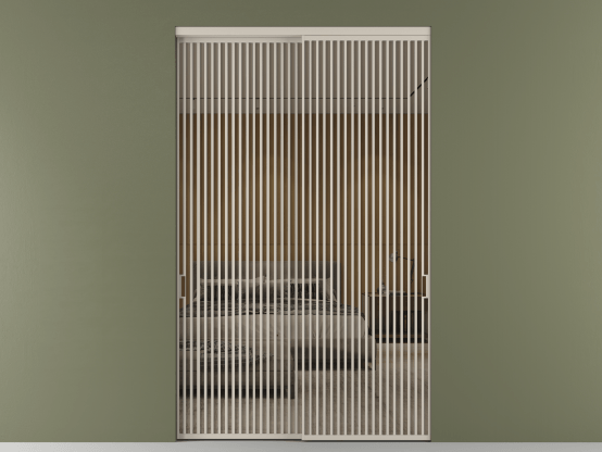 Алюминевая перегородка АЛПР 040.06_АСБЖ_Stopsol Bronze_new. Цвет Алюминий светло-бежевый. Материал Алюминий в эмали. Коллекция Перегородка Formato внутри проёма 2 створки. Картинка.