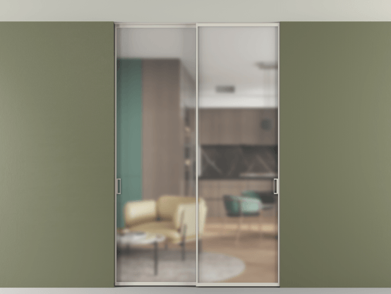 Алюминевая перегородка АЛПР 040.01_АОС_Matelux Crystalvision_new. Цвет Алюминий облачно-серый. Материал Алюминий в эмали. Коллекция Перегородка Формато внутри проёма скрытое крепление в потолок 2 створки. Картинка.