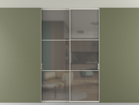 Алюминевая перегородка vn2_03 Алюминий тёплый серый Серый сатин матовое. Цвет Алюминий тёплый серый. Материал Алюминий в эмали. Коллекция Перегородка Formato внутри проёма скрытое крепление в потолок 2 створки. Картинка.