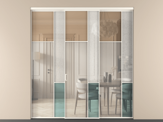 Алюминевая перегородка vn3_7 Алюминий пудровый белый Четыре стекла. Цвет Алюминий пудровый белый. Материал Алюминий в эмали. Коллекция Перегородка Mosaic внутри проёма 3 створки. Картинка.