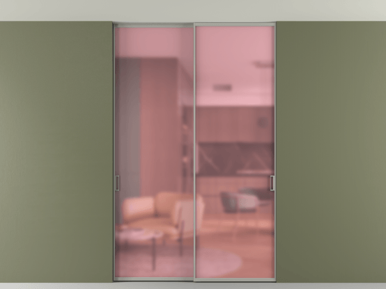 Алюминевая перегородка АЛПР 040.01_АНСР_САТ РОЗ_new. Цвет Алюминий нейтральный серый. Материал Алюминий в эмали. Коллекция Перегородка Formato внутри проёма скрытое крепление в потолок 2 створки. Картинка.