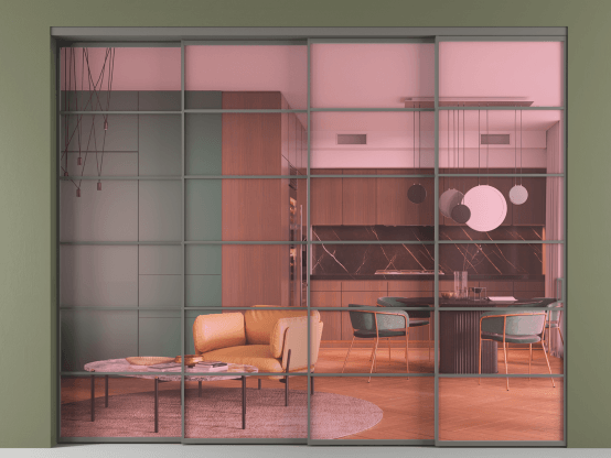 Алюминевая перегородка АЛПР 040.04_АКЛС_ПРОЗ РОЗ_new. Цвет Алюминий классический серый. Материал Алюминий в эмали. Коллекция Перегородка Formato внутри проёма 4 створки с синхронным механизмом. Фото. Алюминевая перегородка АЛПР 040.04_АКЛС_ПРОЗ РОЗ_new. Цвет Алюминий классический серый. Материал Алюминий в эмали. Коллекция Перегородка Formato внутри проёма 4 створки с синхронным механизмом. Картинка.