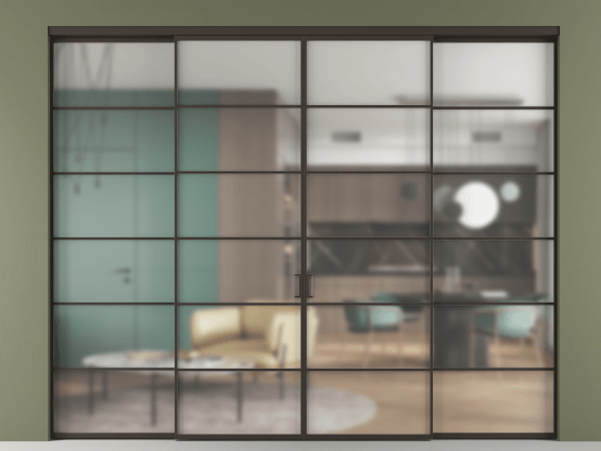 Алюминевая перегородка АЛПР 040.04_ААН_Matelux Crystalvision_new. Цвет Алюминий антрацит. Материал Алюминий в эмали. Коллекция Перегородка Формато внутри проёма 4 створки. Картинка.