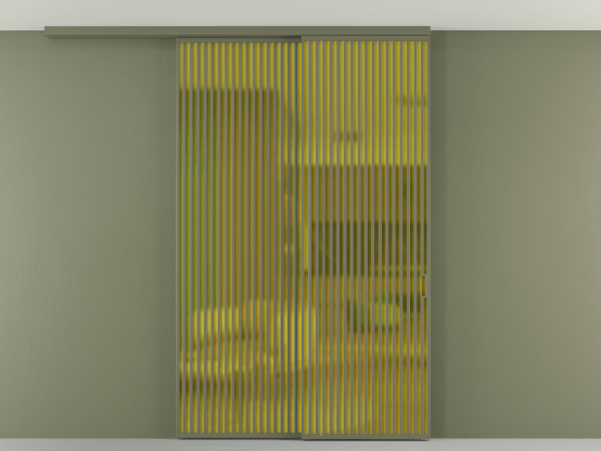 Алюминевая перегородка АЛПР 040.06_АОТ_САТ ЖЕЛ_new. Цвет Алюминий оливковый тёмный. Материал Алюминий в эмали. Коллекция Перегородка Formato вдоль стены на потолок 2 створки с синхронным механизмом. Картинка.