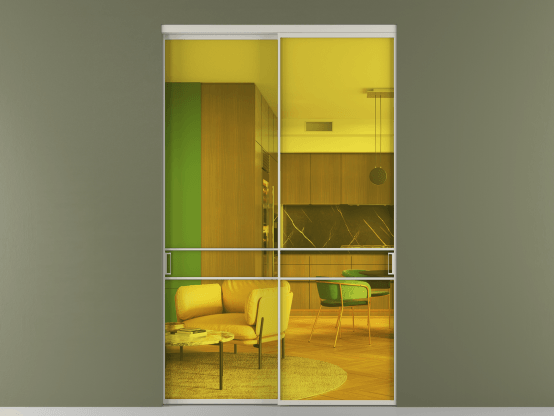 Алюминевая перегородка vn2_02_ Алюминий тёплый серый Прозрачное жёлтое стекло, триплекс, 6мм. Цвет Алюминий тёплый серый. Материал Алюминий в эмали. Коллекция Перегородка Формато внутри проёма 2 створки. Картинка.