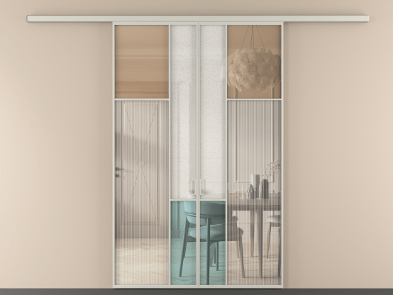 Алюминевая перегородка vd2_7 Алюминий тёплый серый Четыре стекла. Цвет Алюминий тёплый серый. Материал Алюминий в эмали. Коллекция Перегородка Mosaic вдоль стены 2 створки. Картинка.